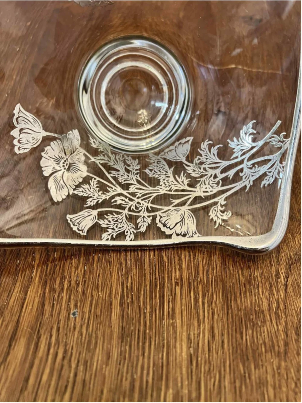 Square Glass Bowl Candy Dish Silver 6in Poppy Pattern Footed Vintage EUC